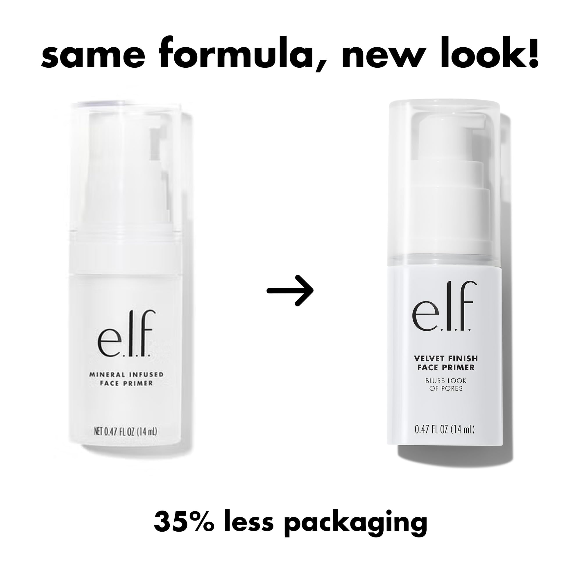 e.l.f. primer next to foundation illustrating compact, travel-friendly size