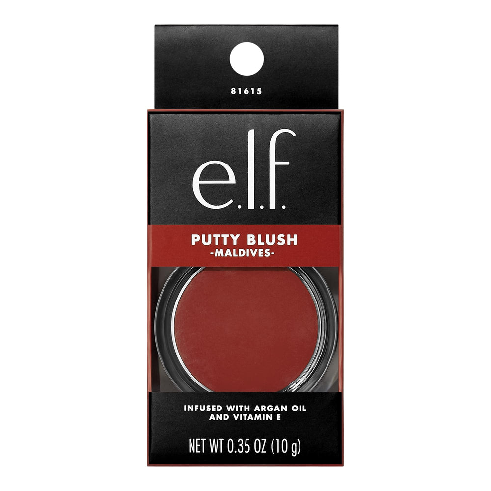 e.l.f. Putty Blush swatch on arm showing Maldives coral-rose payoff and buildability