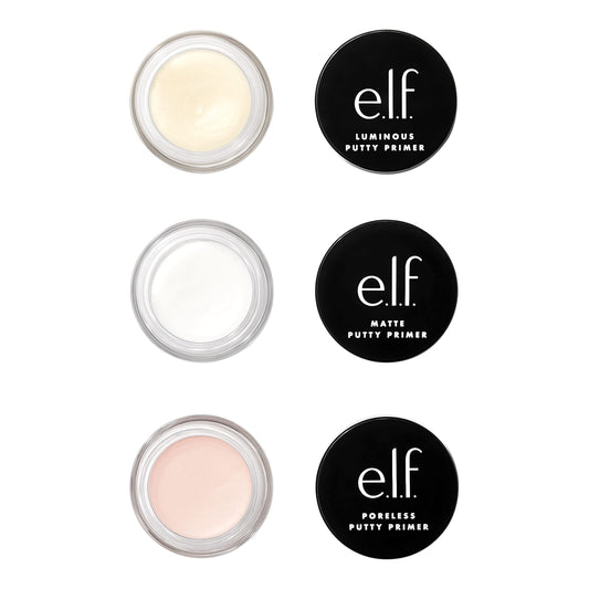 e.l.f. putty primer trio front packaging shows three travel jars and benefits