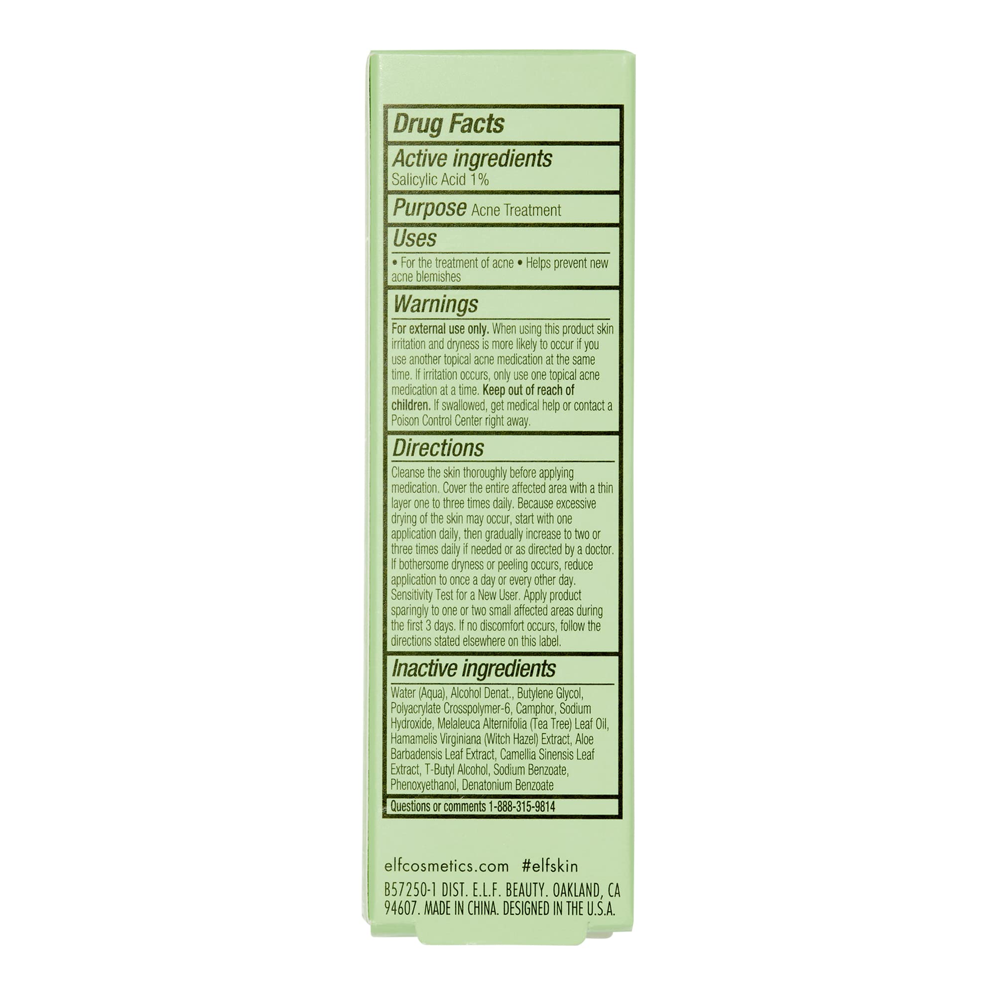 e.l.f. bottle with size and ingredient label visible emphasizing 1% salicylic acid benefits