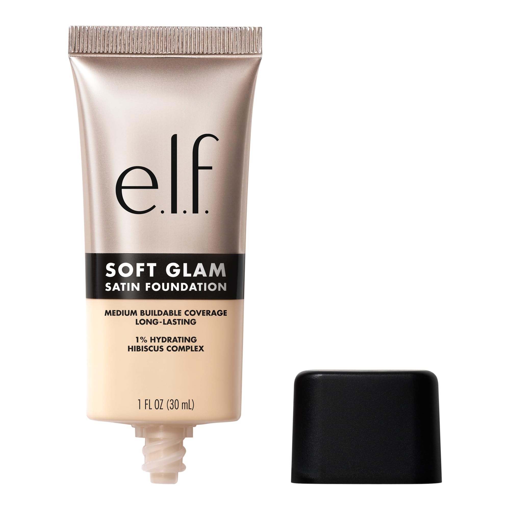 e.l.f. Soft Glam front packaging showing bottle and satin finish benefits