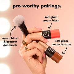 e.l.f. Soft Glam next to hand showing compact, travel-ready size benefit