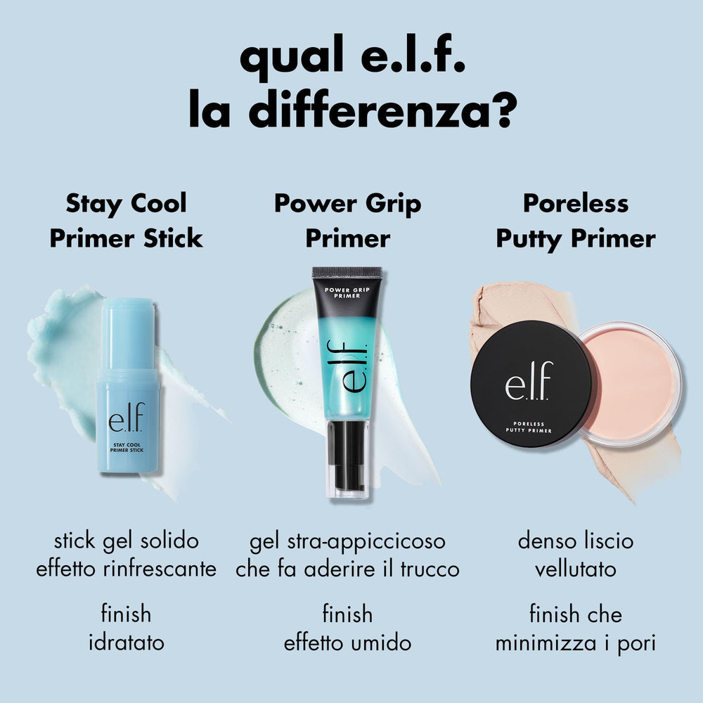 e.l.f. primer stick next to ingredients label showing vegan, cruelty-free benefit