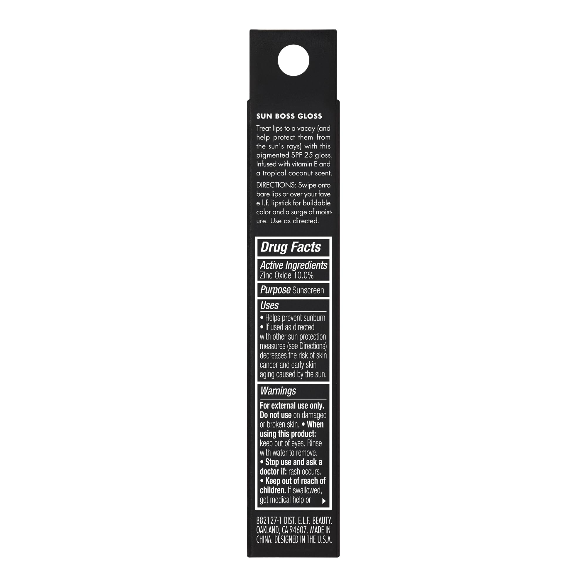 tube of e.l.f. Sun Boss Gloss with zinc oxide ingredient callout and sun protection