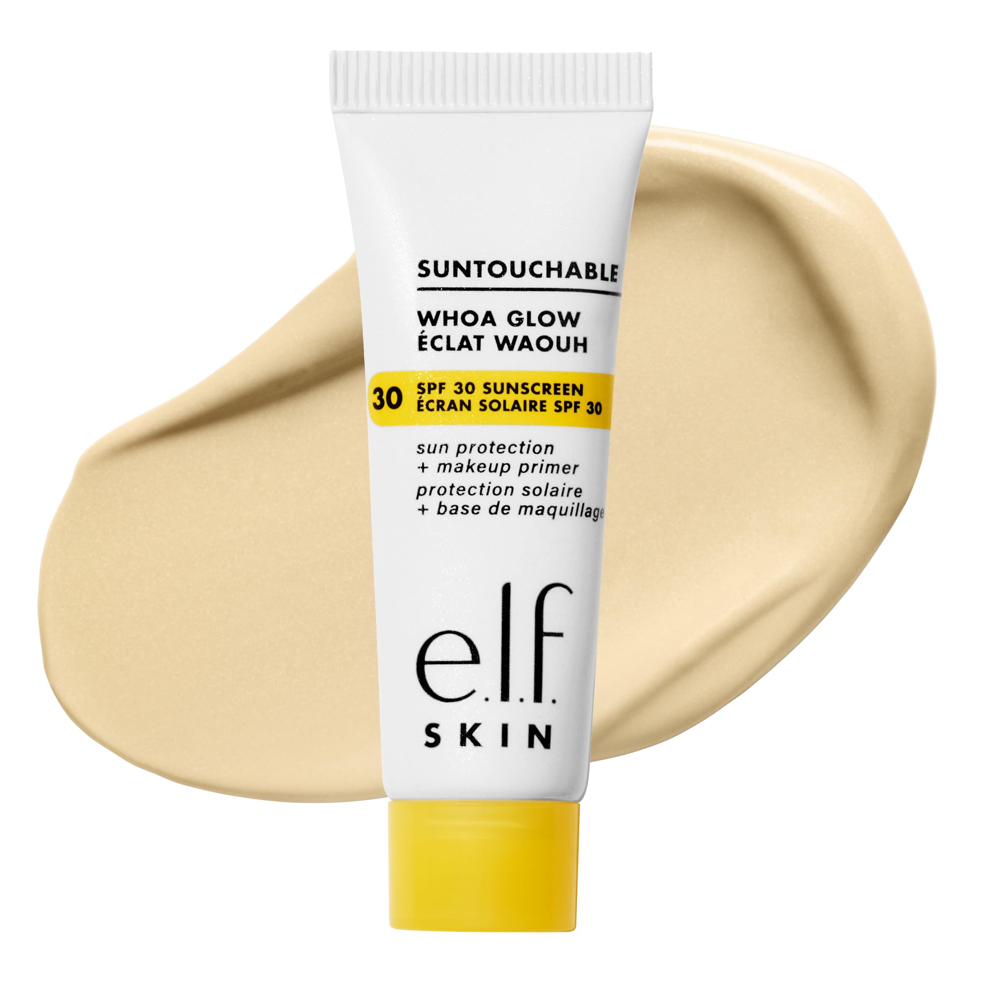 e.l.f. Suntouchable Whoa Glow mini front packaging showing SPF info and bright benefit