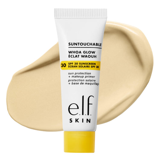 e.l.f. Suntouchable Whoa Glow mini front packaging showing SPF info and bright benefit