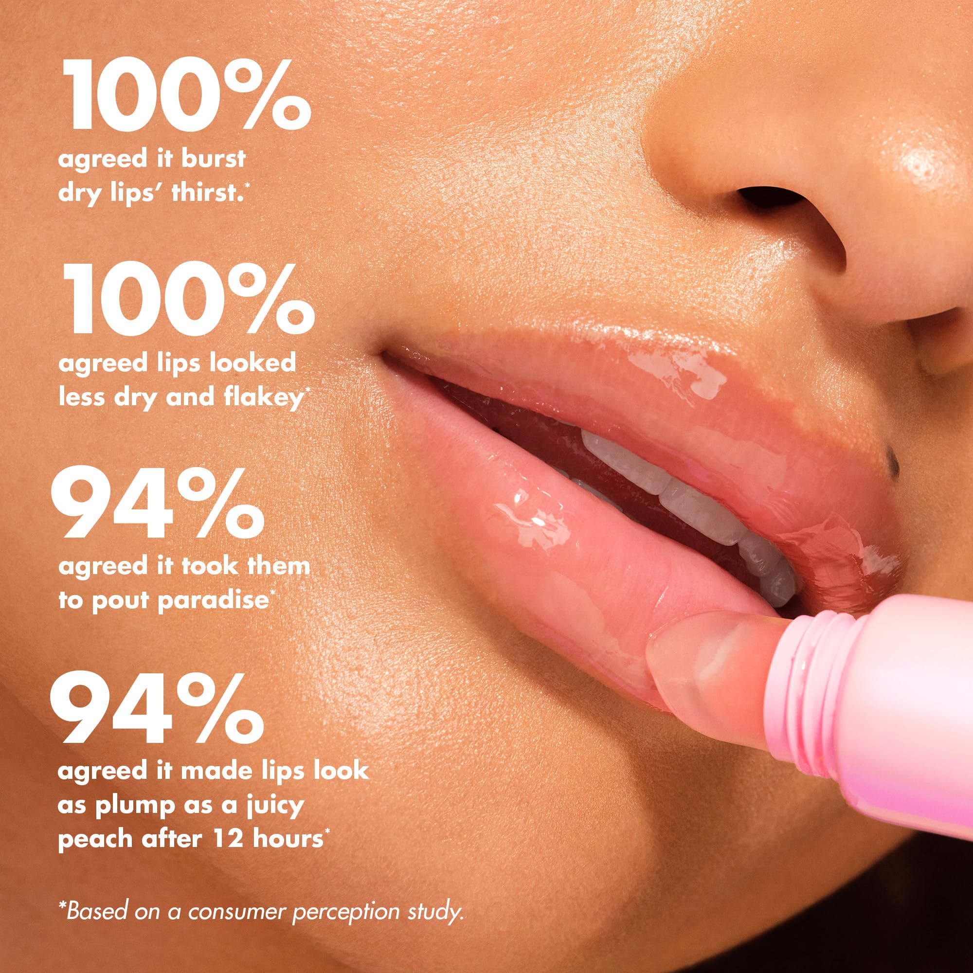 model applying e.l.f. Thirst Burst on lips for instant glossy hydration benefit