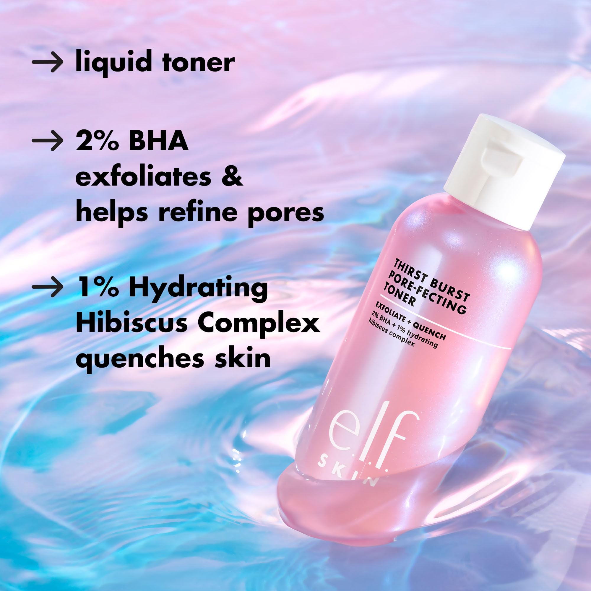 e.l.f. toner with open cap dispensing clear hydrating liquid
