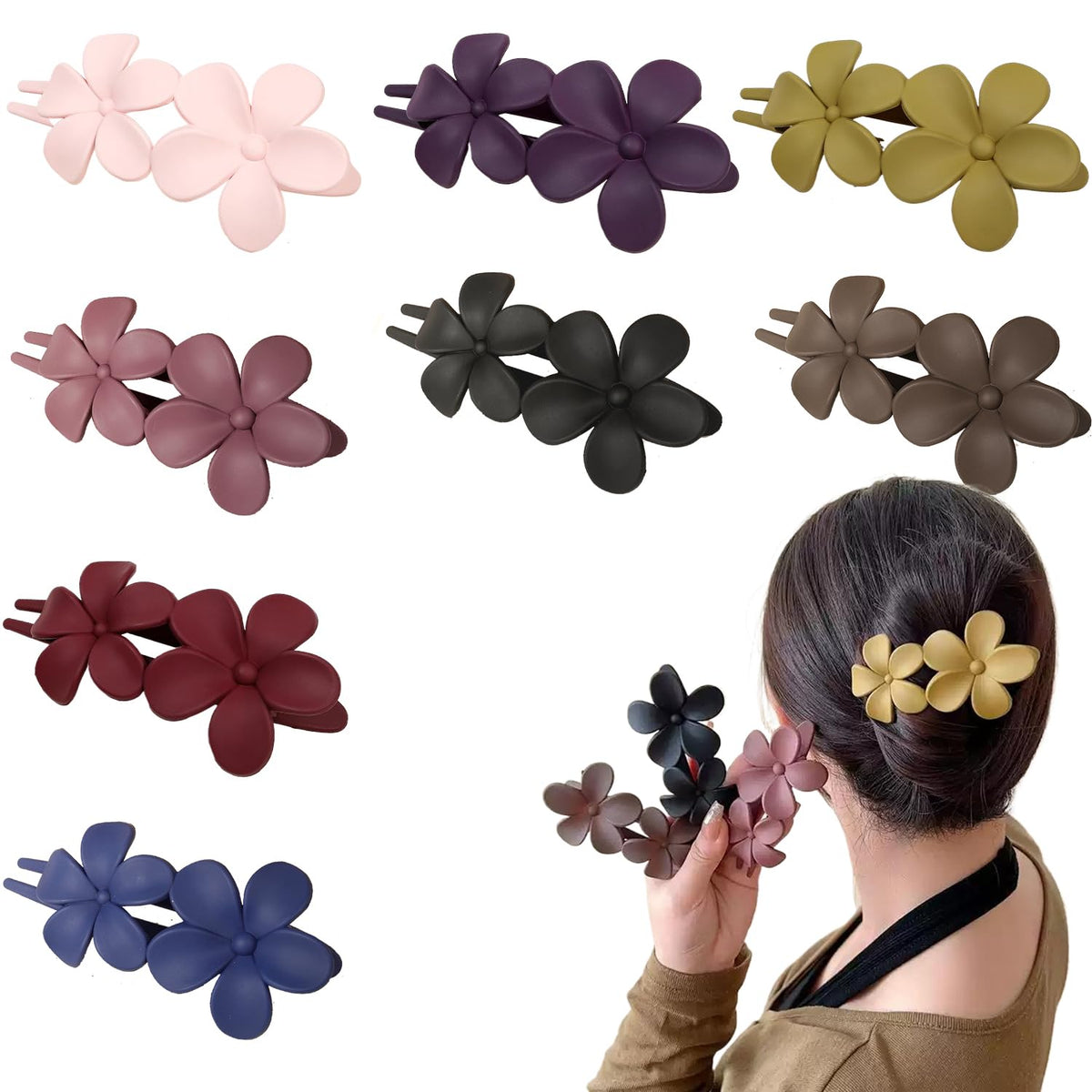 Eliongpu front view showing eight flower clips and colorful set benefit