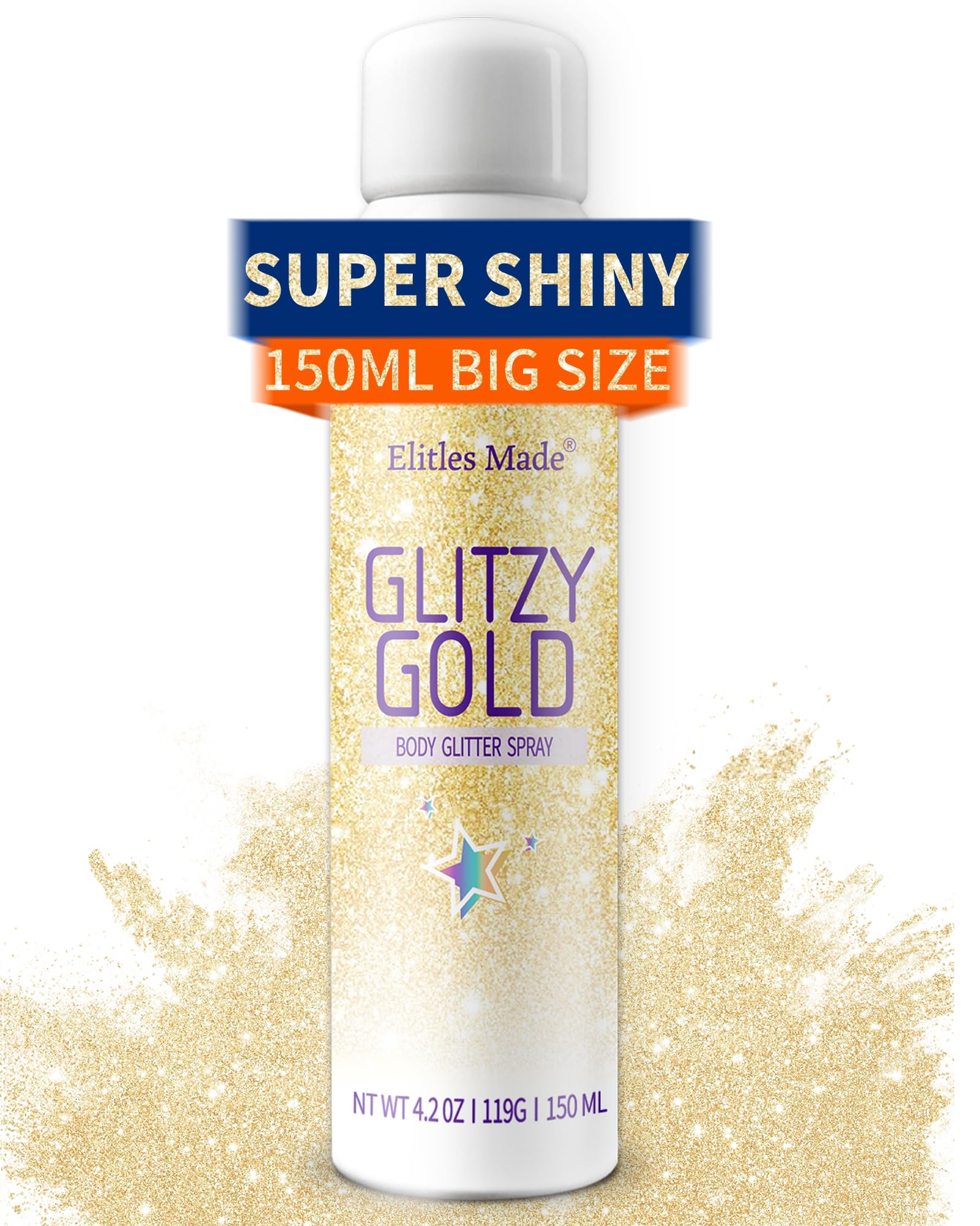 Elitles Made front packaging showing gold glitter spray and size benefit