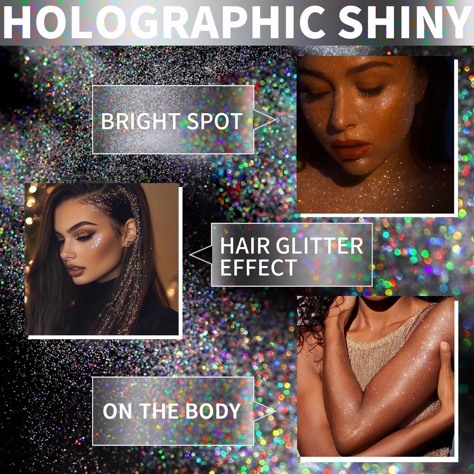 Elitles Made glitter texture close-up illustrating holographic silver shimmer benefit