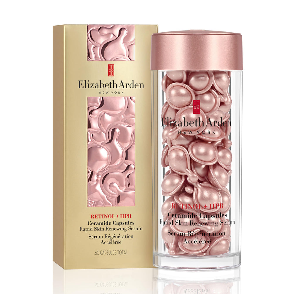 Elizabeth Arden front packaging and capsules showing measured dosing benefit