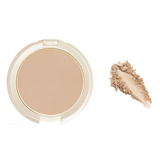 Elizabeth Mott open highlighter pan close-up revealing champagne powder and pearl sheen