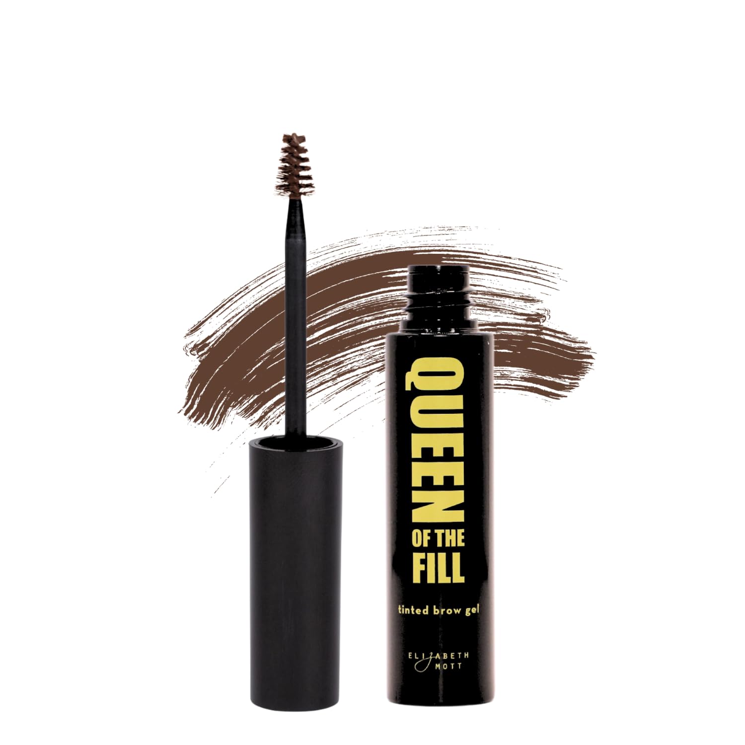 Elizabeth Mott product front packaging showing auburn tinted brow gel benefit of clear branding