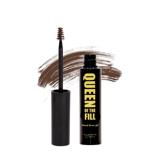 Elizabeth Mott product front packaging showing auburn tinted brow gel benefit of clear branding
