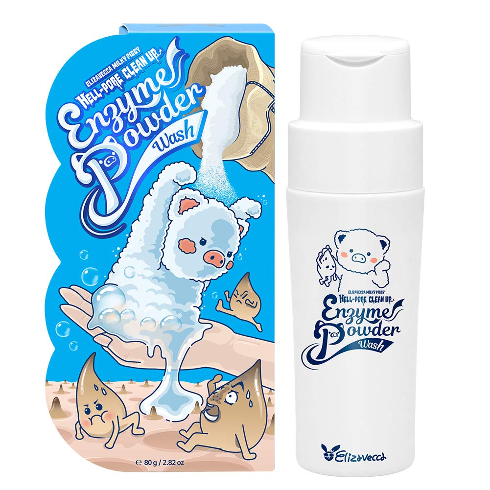 Open jar of Elizavecca Milky Piggy powder revealing fine dry powder, easy-to-measure consistency