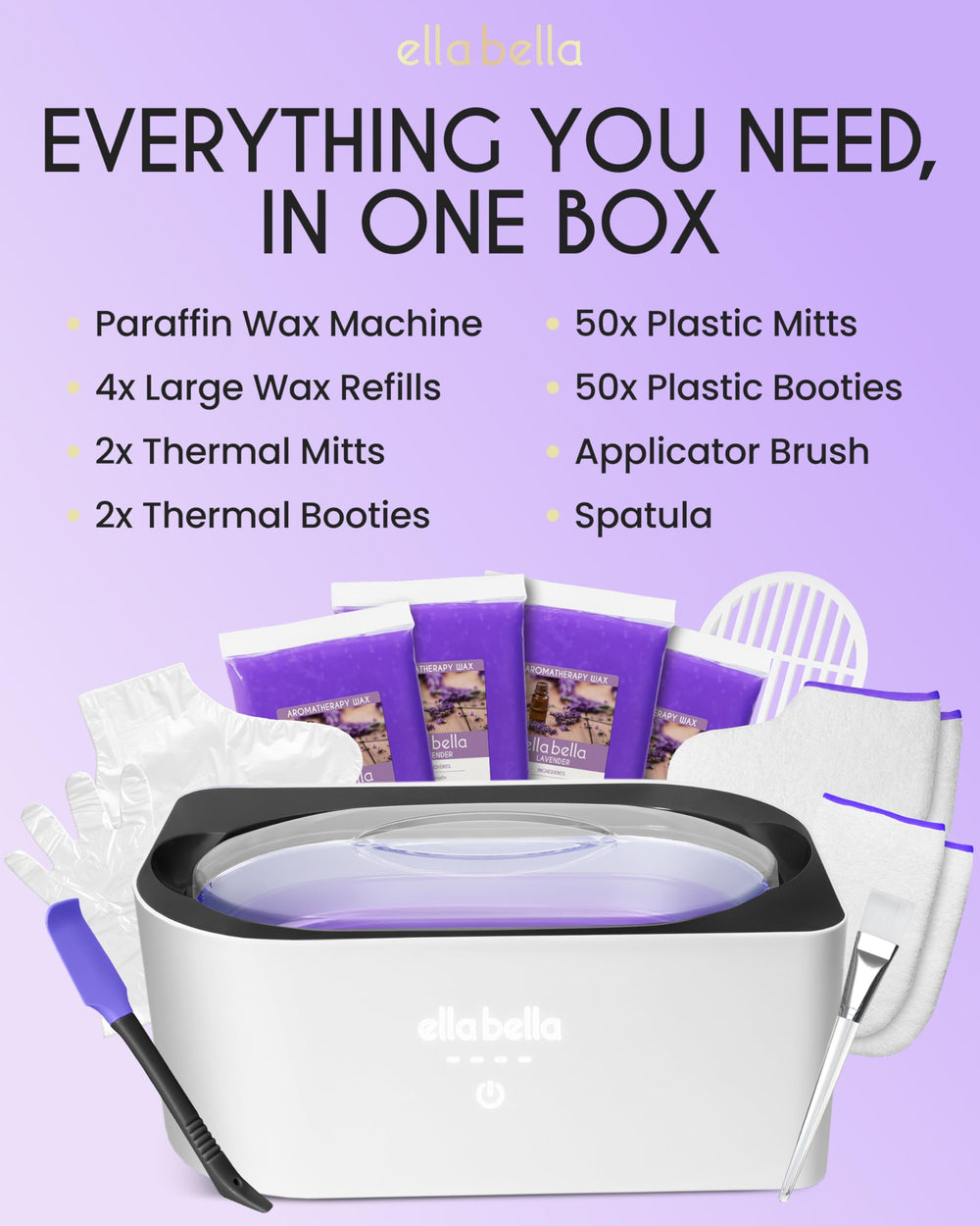 ELLA BELLA paraffin kit placed in home spa setting creating relaxing at-home treatment benefit