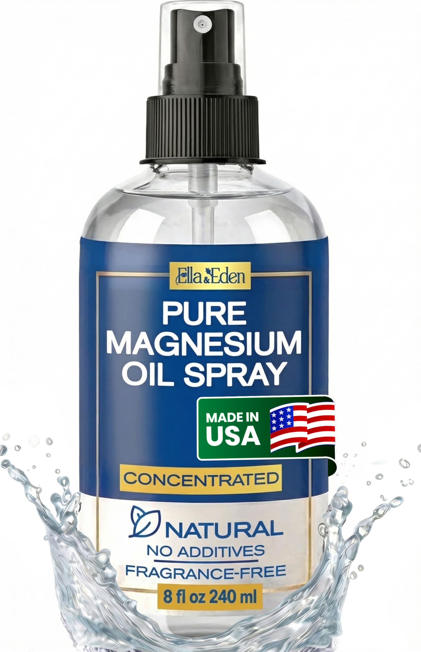 Ella & Eden front bottle view showing clean magnesium oil packaging and clarity benefit