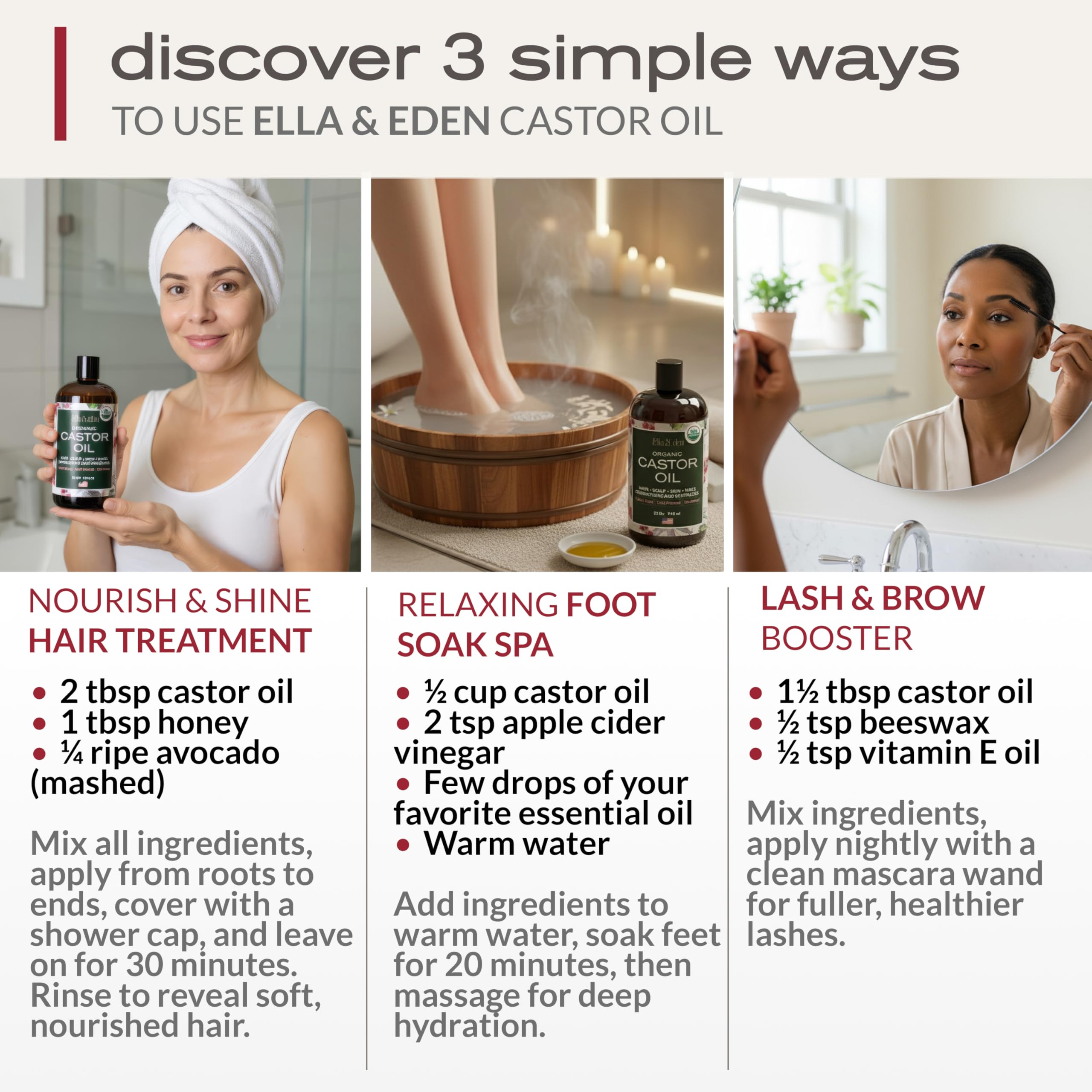 Ella & Eden pump dispensing measured castor oil for mess-free application benefit