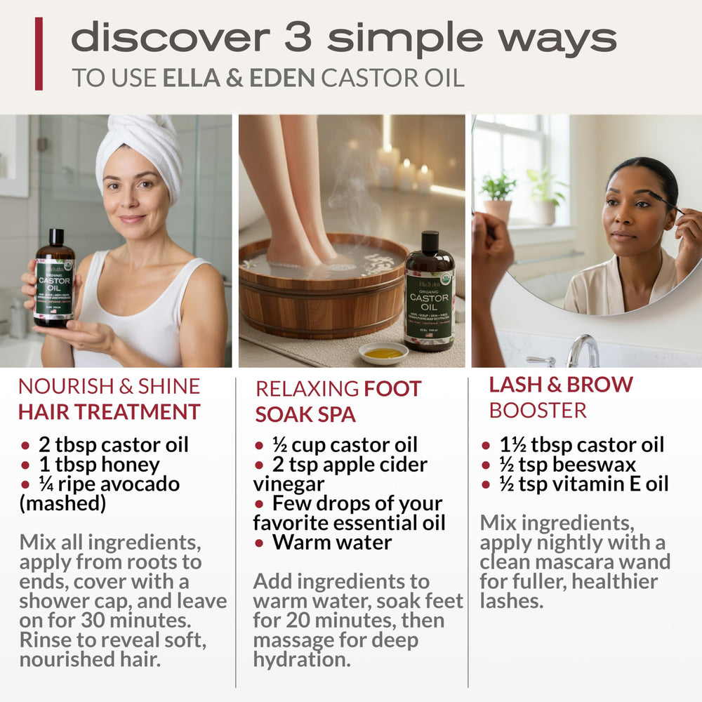 Ella & Eden pump dispensing measured castor oil for mess-free application benefit