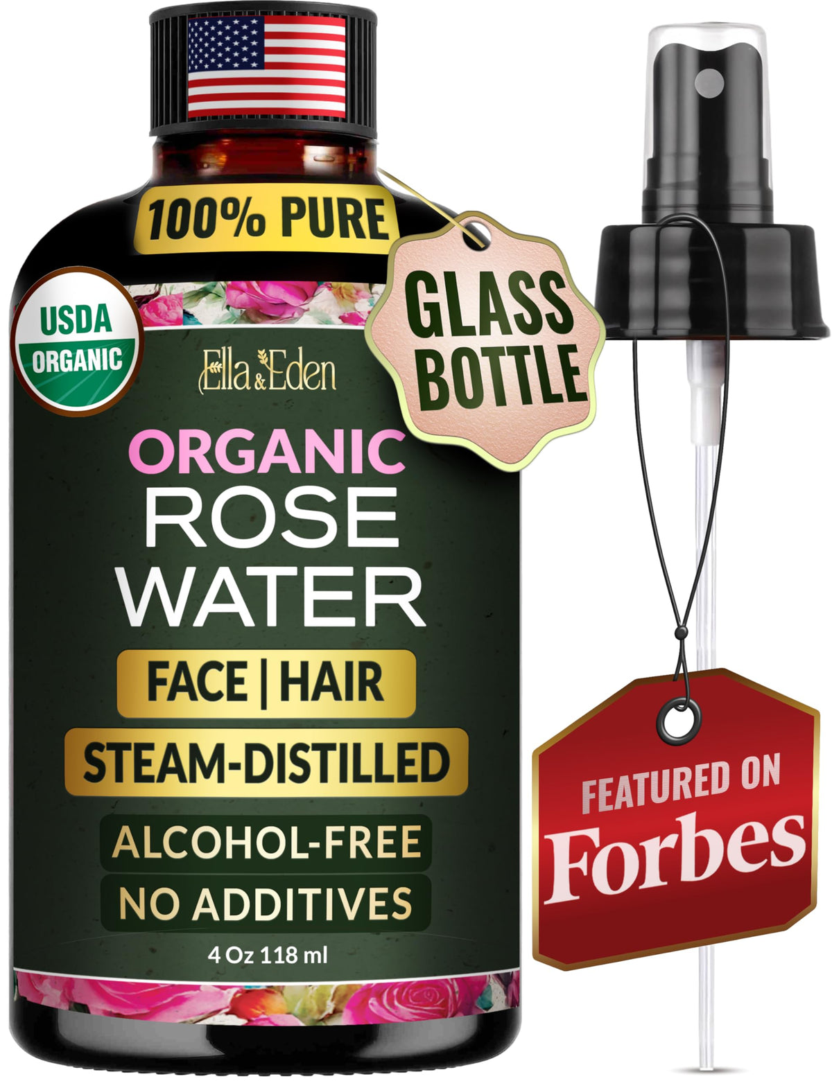 Ella & Eden front bottle view showing organic rose water and elegant amber glass