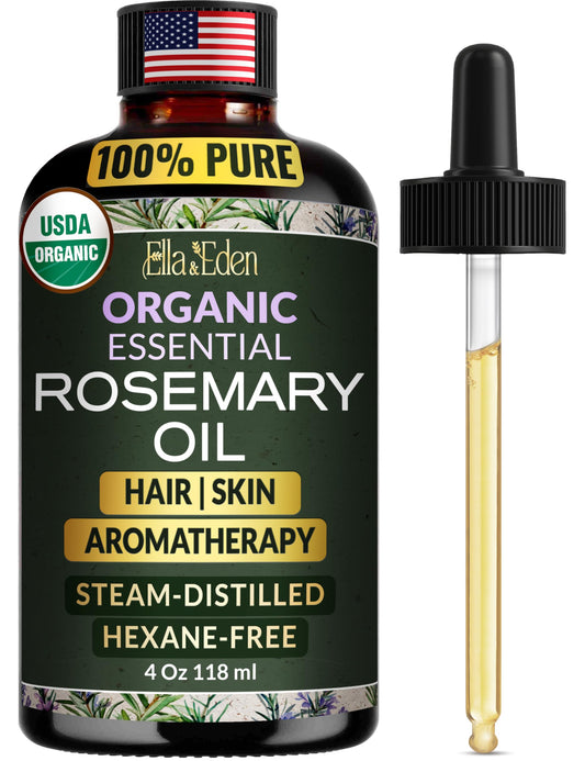 Ella & Eden front bottle showing organic rosemary oil and glass dropper benefit purity