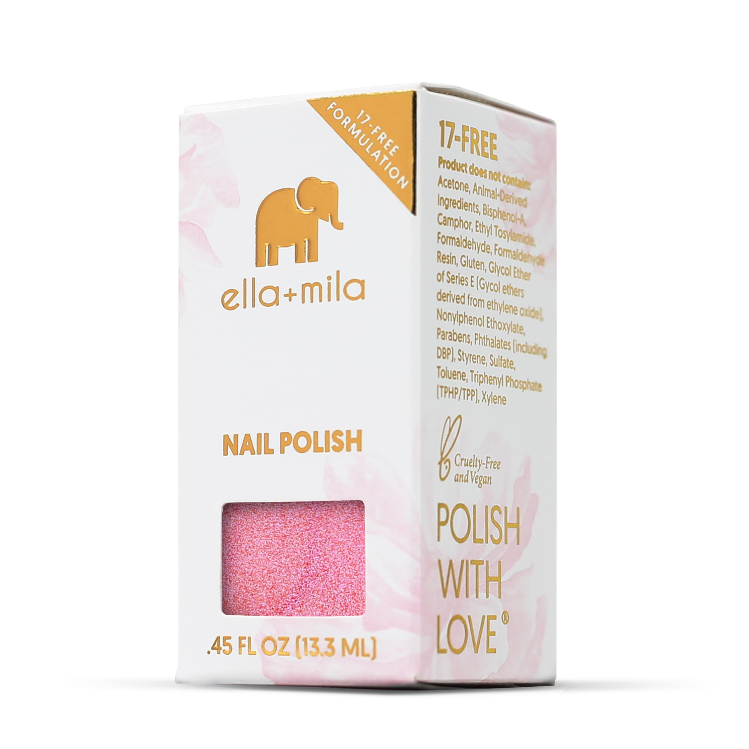 ella+mila label and partial ingredients list showing 17-free, vegan benefit