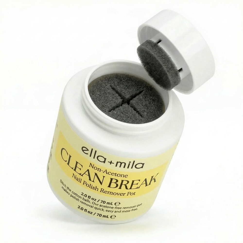 ella+mila front packaging showing compact travel acetone-free remover — neat storage