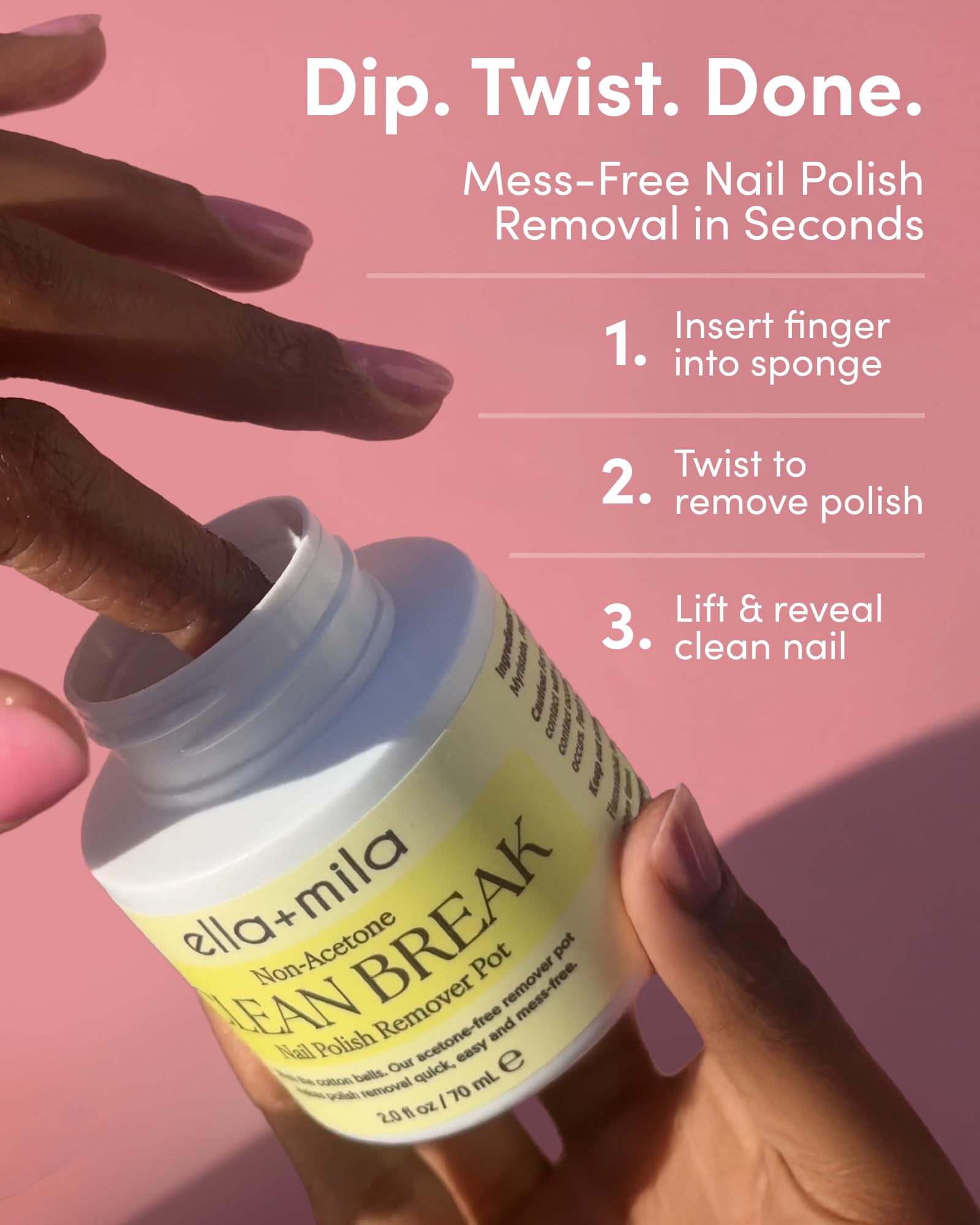 ella+mila hand using the pot to remove polish fast and cleanly