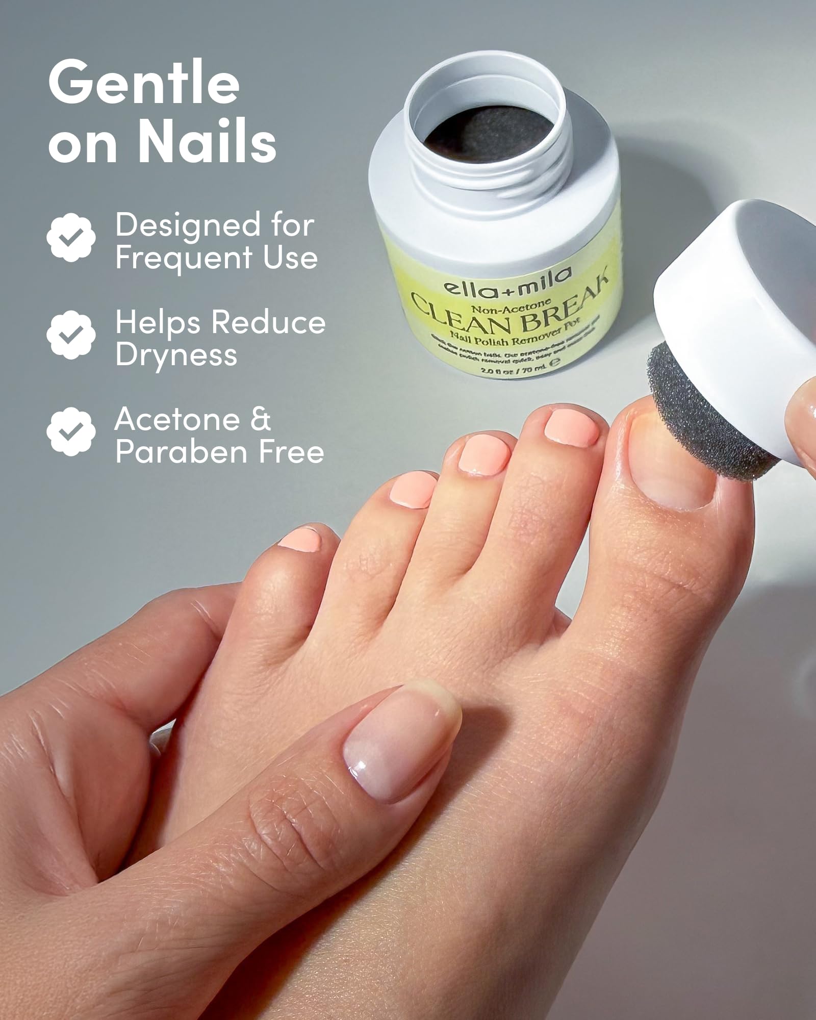 ella+mila toe dipped into sponge to demonstrate pedicure polish removal ease