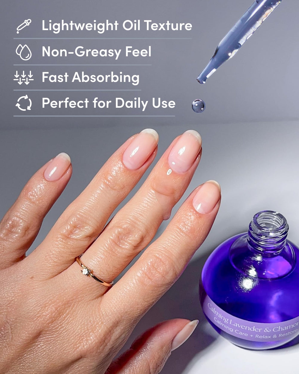 ella+mila applying oil to cuticle in hand for instant hydration