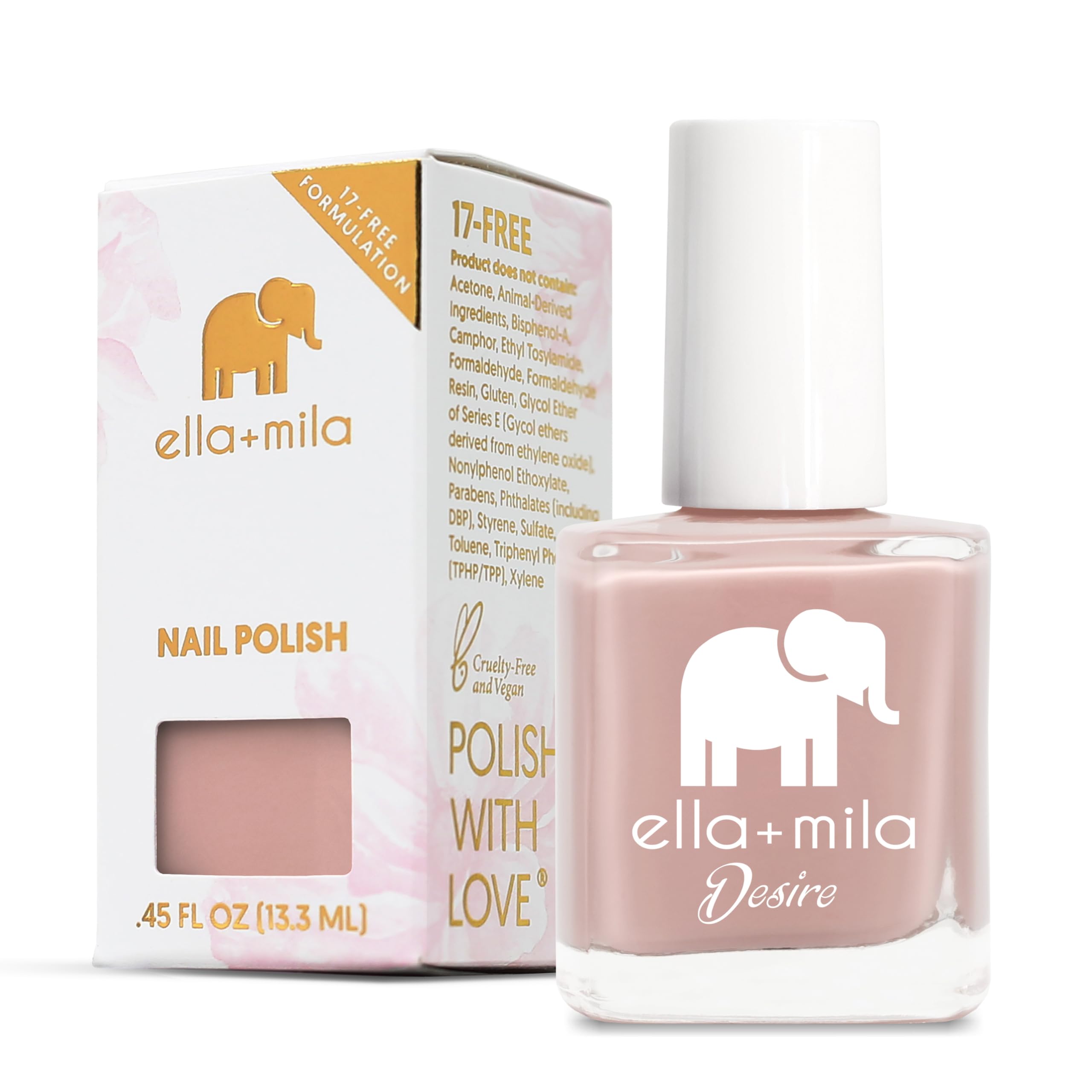 ella+mila bottle front view showing Desert Suede color and polish benefit
