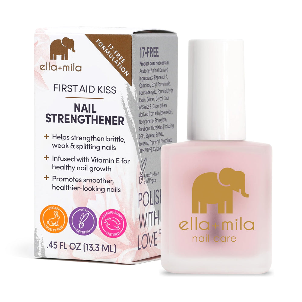 ella+mila bottle front view showing clear nail hardener benefits