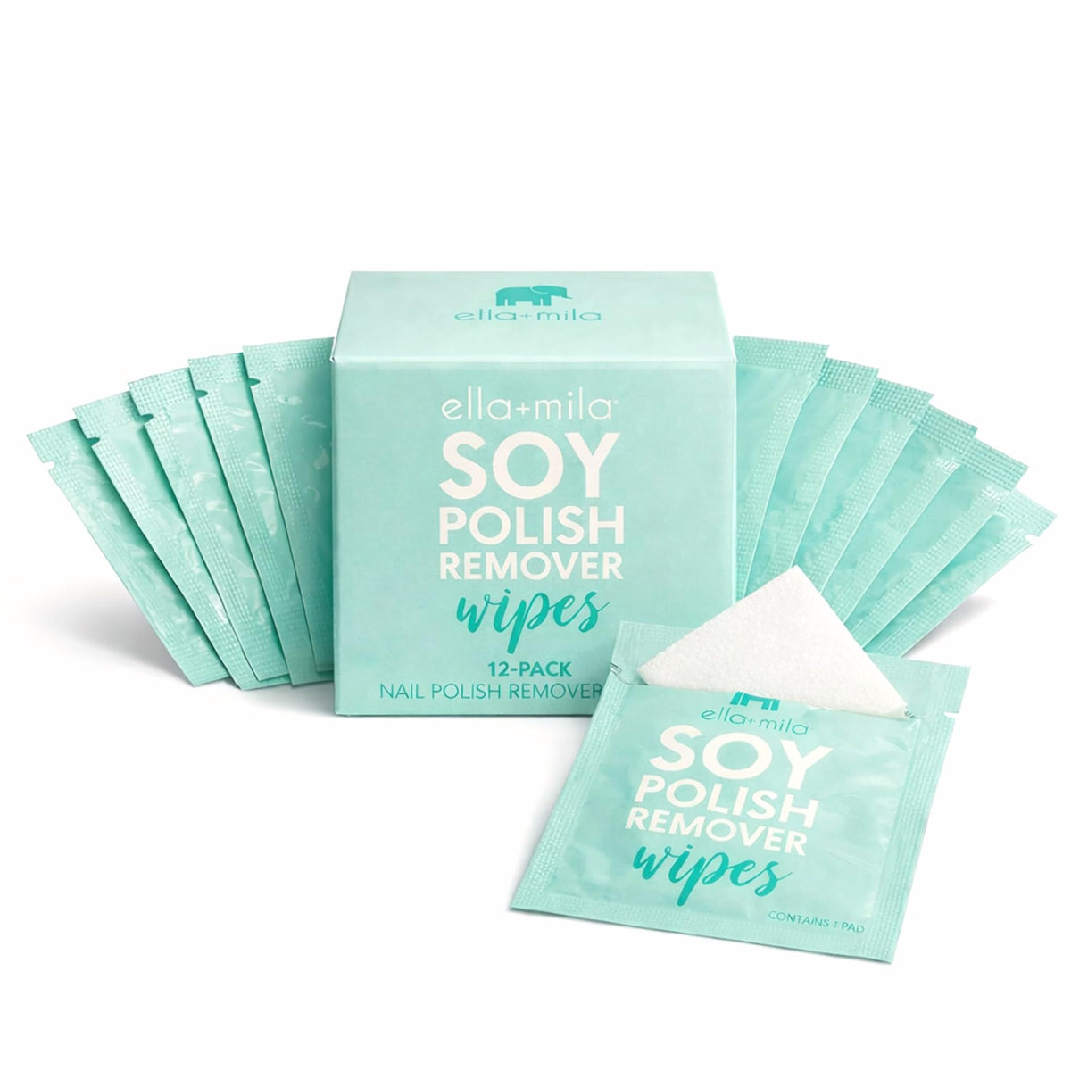 ella+mila front packaging showing 12 individually wrapped remover pads and travel convenience