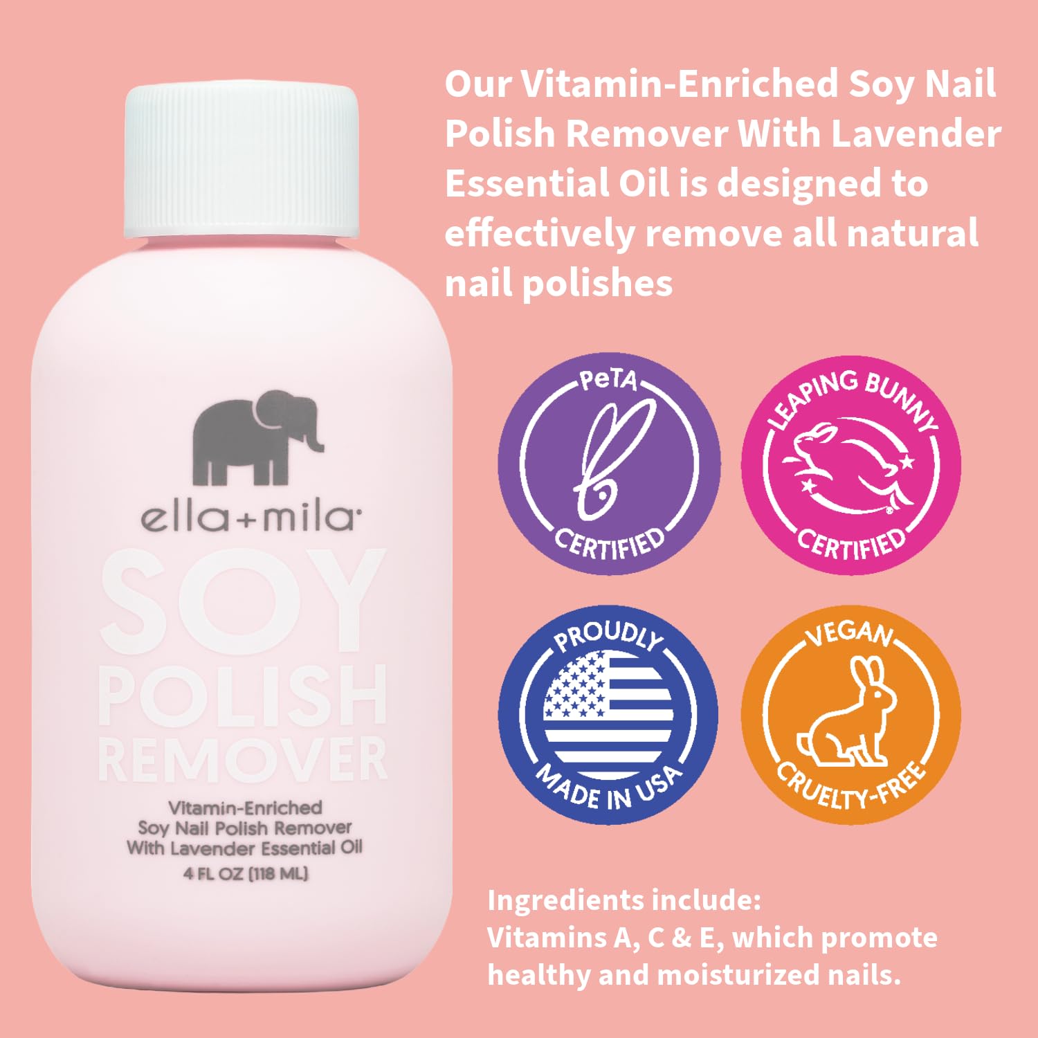 ella+mila lavender and vitamin A C E ingredients emphasize nail care