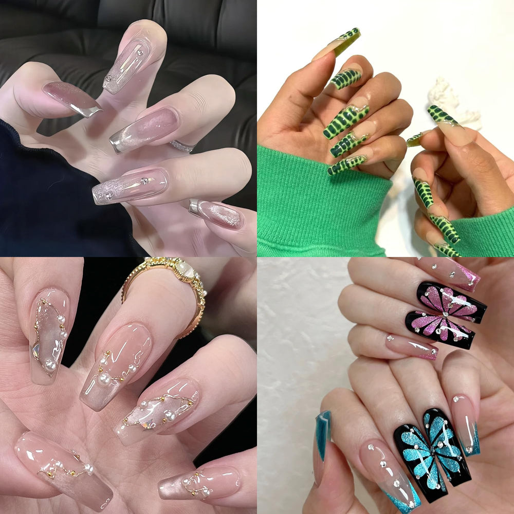 ELLEWIN clear coffin and stiletto tips applied as press-ons demonstrating finished look
