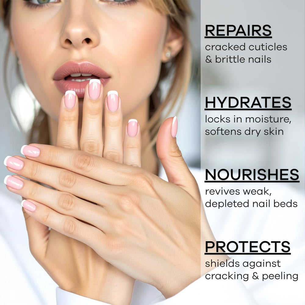 Ellie Chase hand applying oil to cuticles for softer skin and improved nail appearance