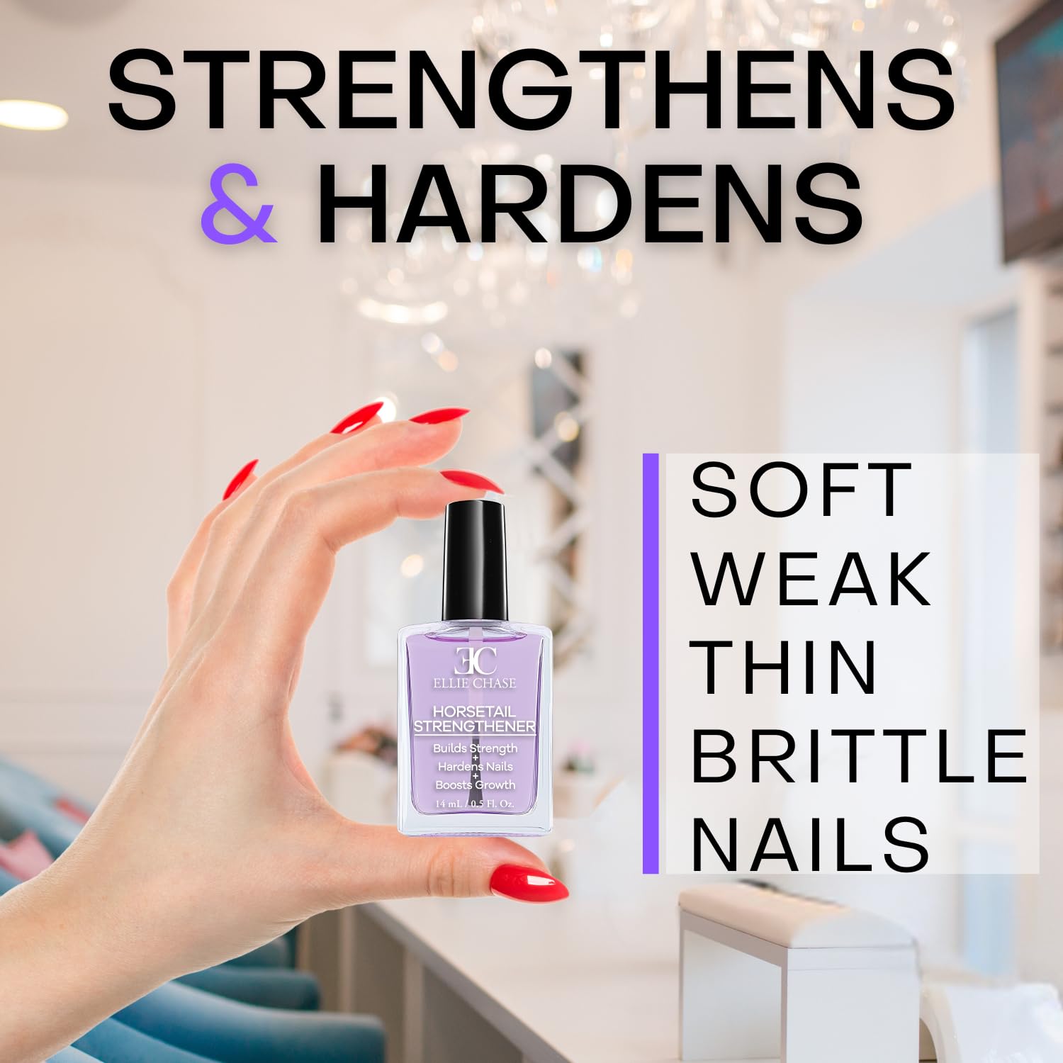 ELLIE CHASE hand applying treatment to fragile nails for visible protection