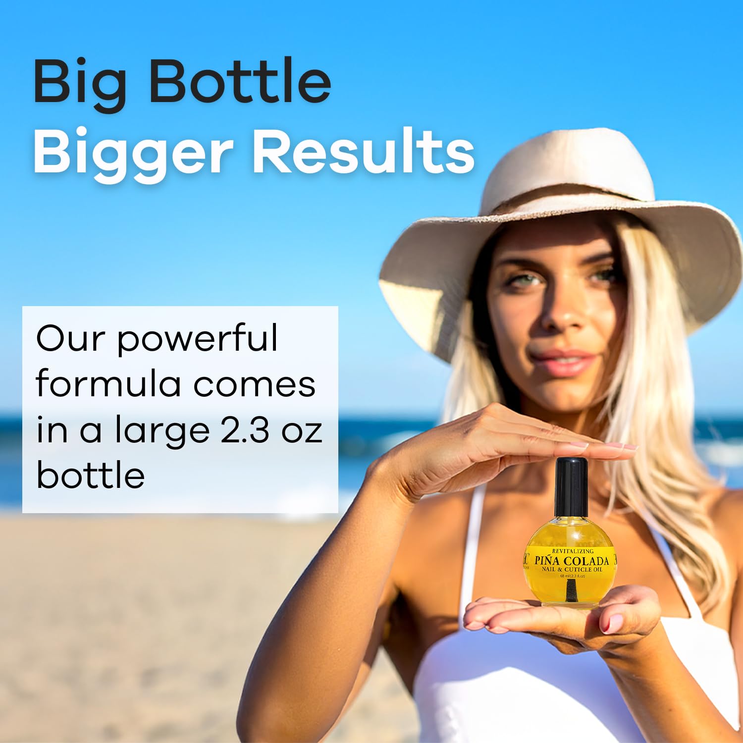 ELLIE CHASE bottle on beach scene evoking pina colada scent benefit