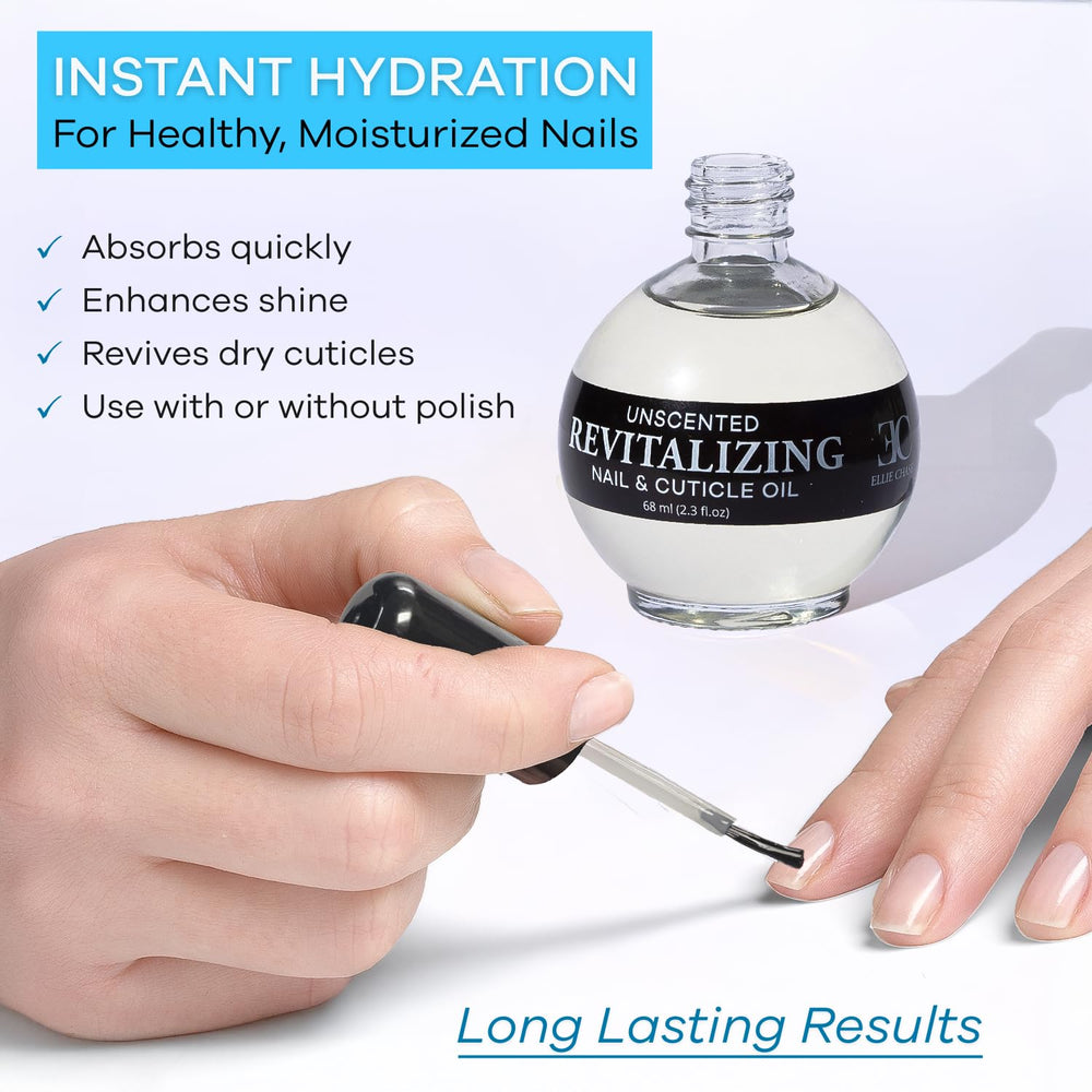 ELLIE CHASE oil texture on hand demonstrating fast-absorbing jojoba blend for soft cuticles