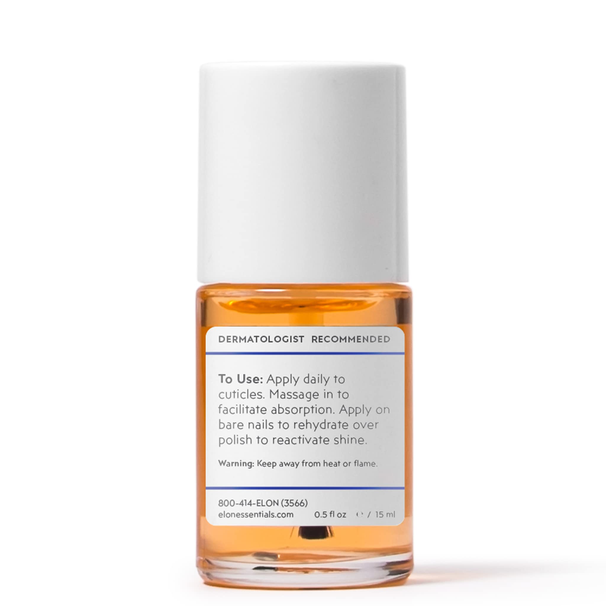 Elon cuticle oil label closeup displaying ingredients and trusted dermatologist heritage