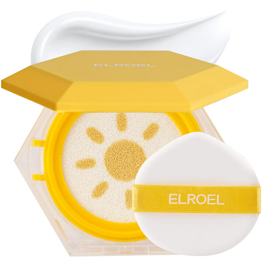 ELROEL cushion compact front view showing portable SPF 50 protection advantage