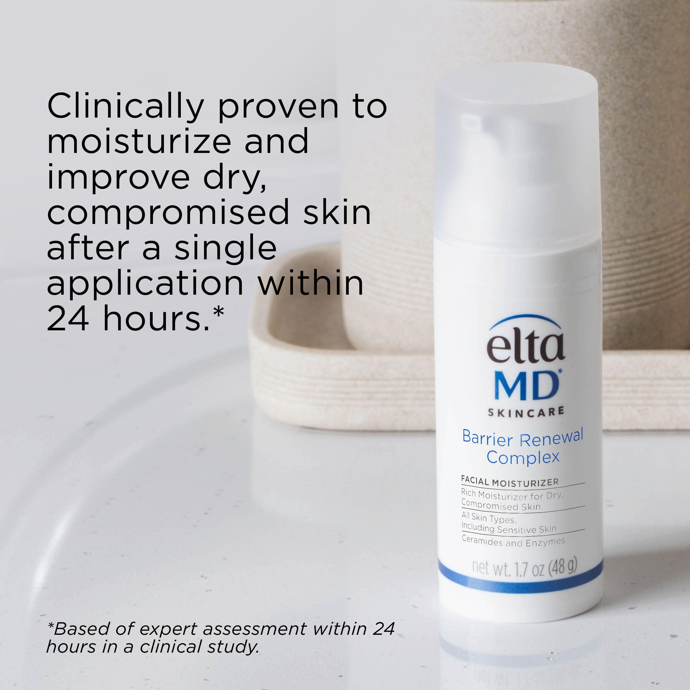 Close-up of EltaMD Barrier Renewal Complex label showing ingredient clarity benefit