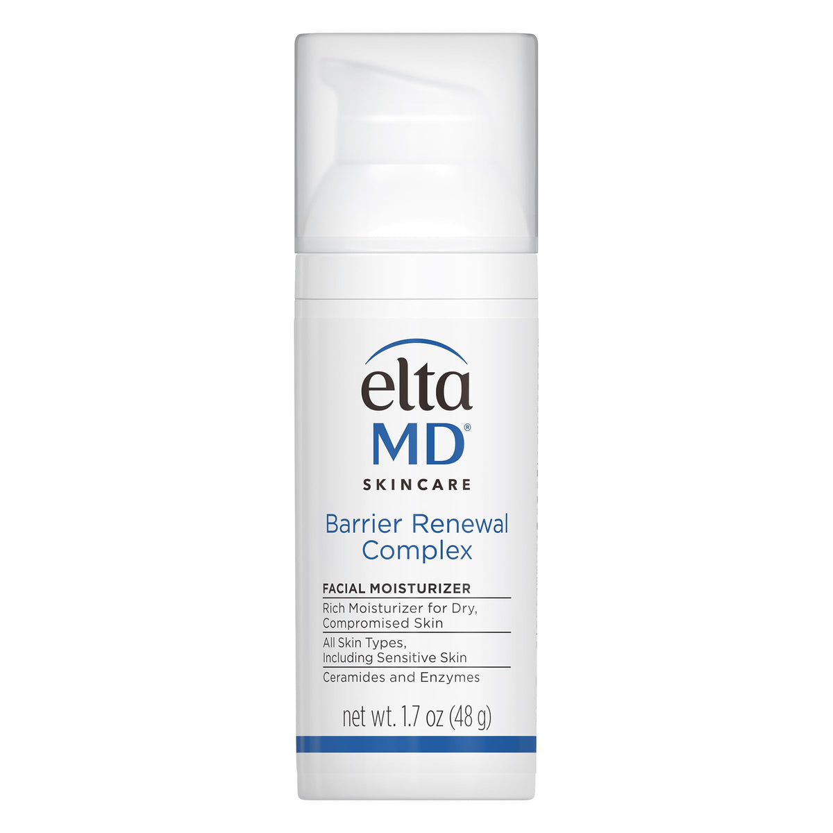 EltaMD pump bottle front view showing clean design and quick application benefit