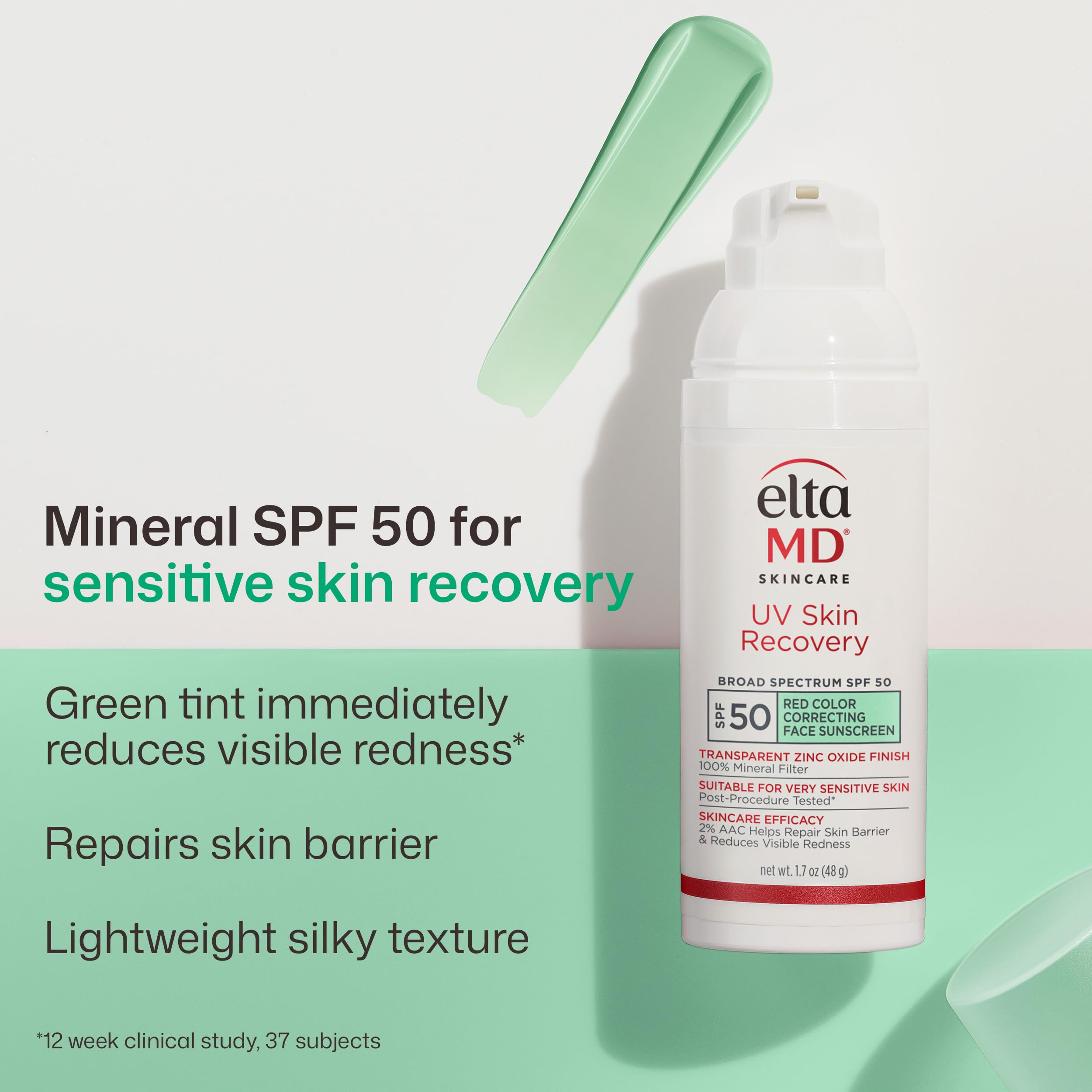 EltaMD closeup of green‑tinted lotion texture demonstrating quick absorption benefit