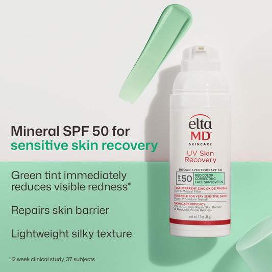 EltaMD closeup of green‑tinted lotion texture demonstrating quick absorption benefit