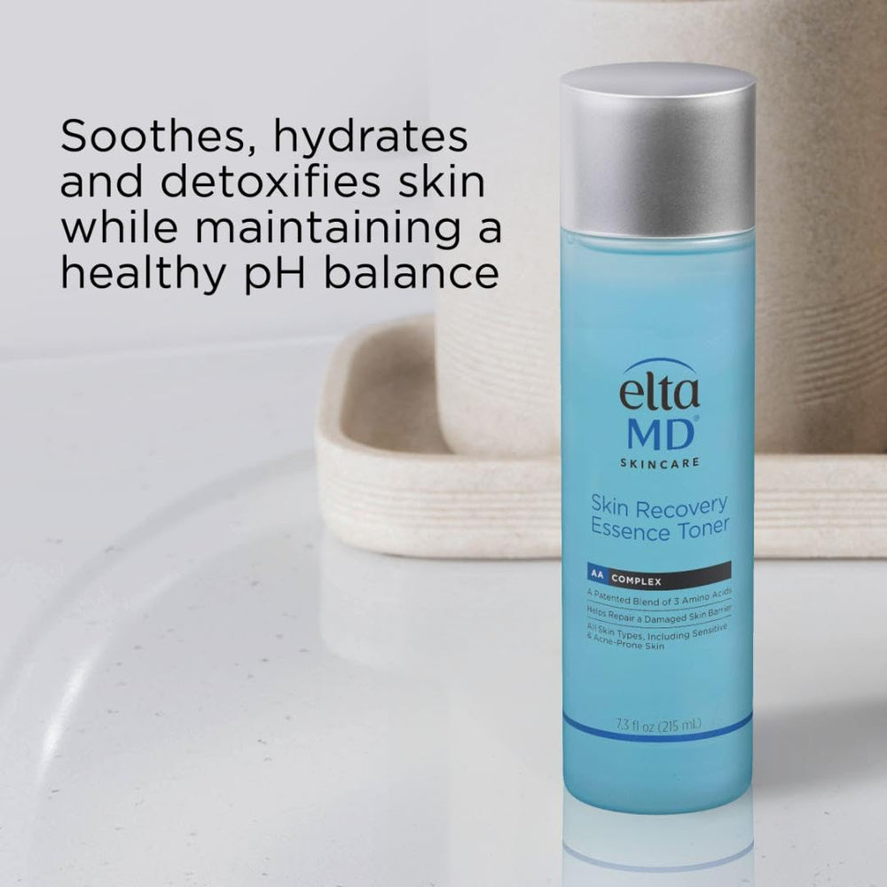 EltaMD hand applying toner droplet to skin for soothing hydration benefit
