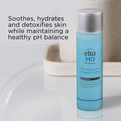 EltaMD hand applying toner droplet to skin for soothing hydration benefit