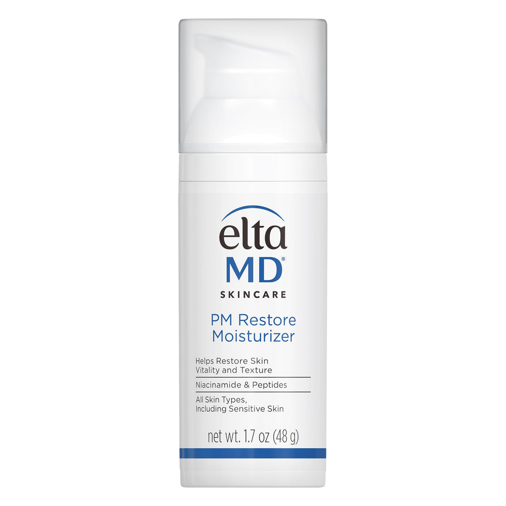 EltaMD pump bottle front view showing sleek packaging and nighttime hydration benefit