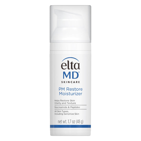 EltaMD pump bottle front view showing sleek packaging and nighttime hydration benefit